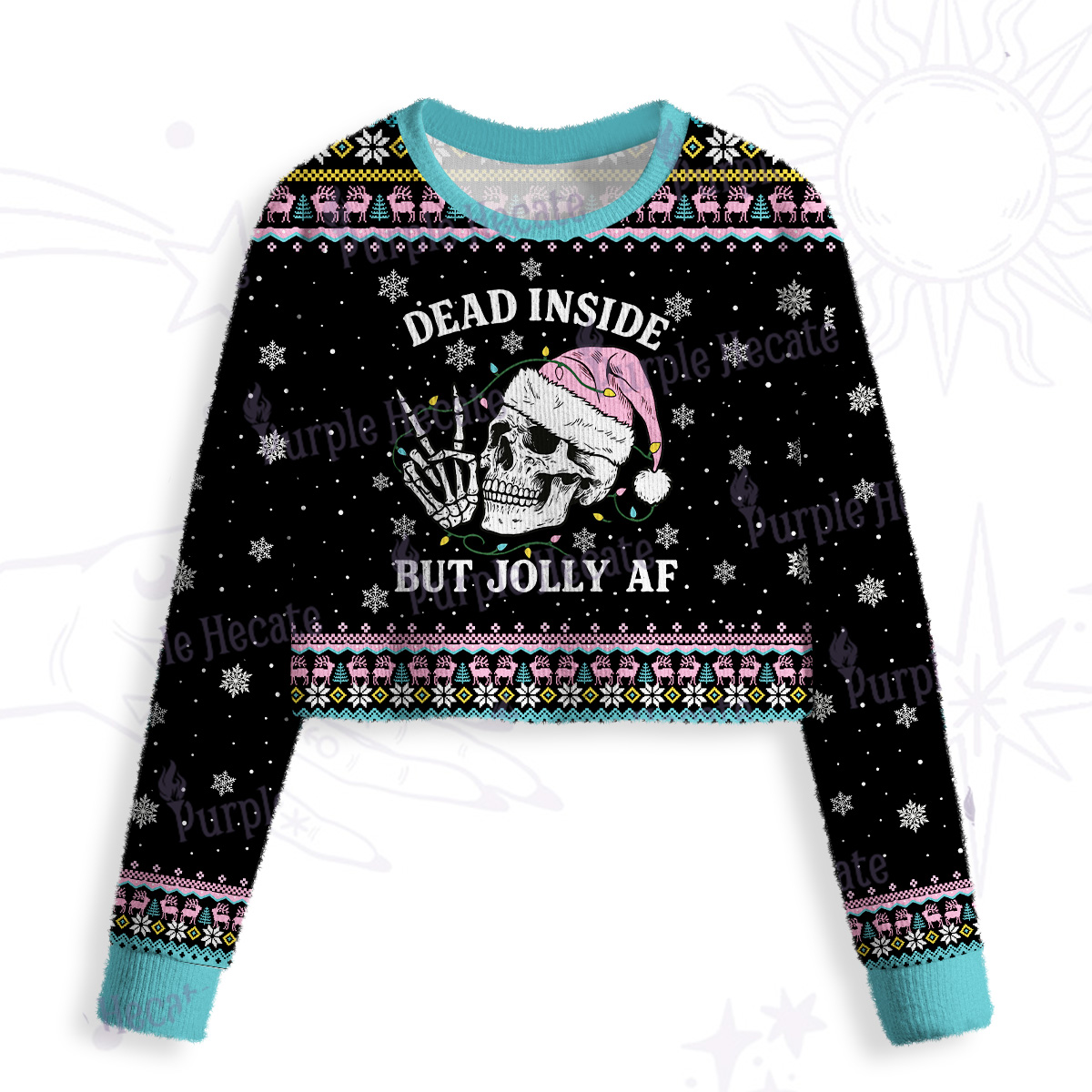 Purplehecate Dead Inside But Jolly AF Christmas Crop Fuzzy Ugly Sweatshirt