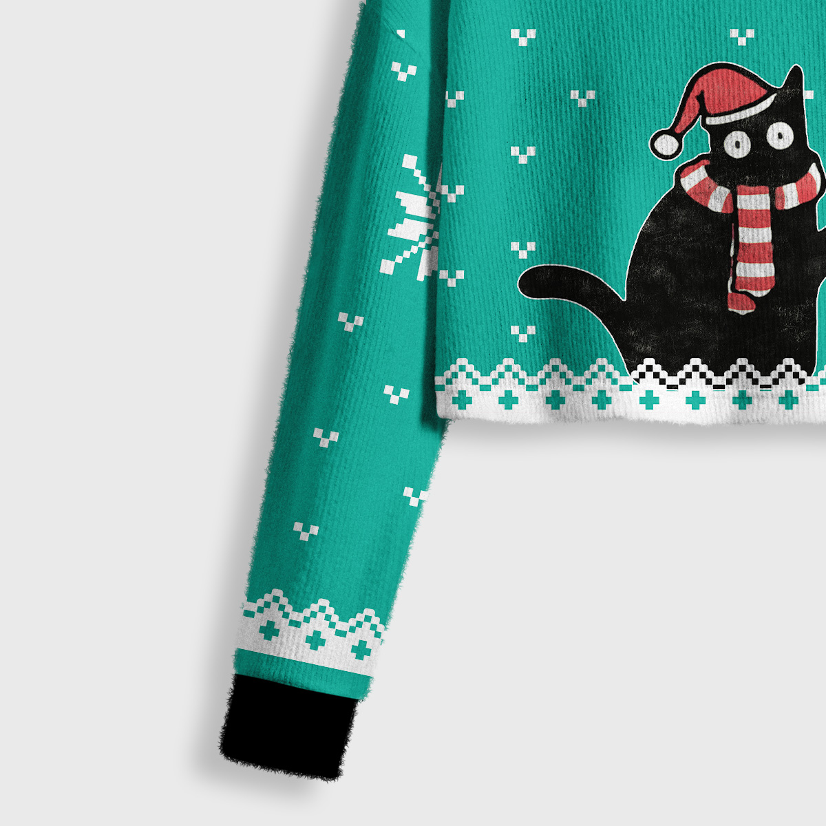 Purplehecate Christmas Black Cat Crop Fuzzy Ugly Sweatshirt