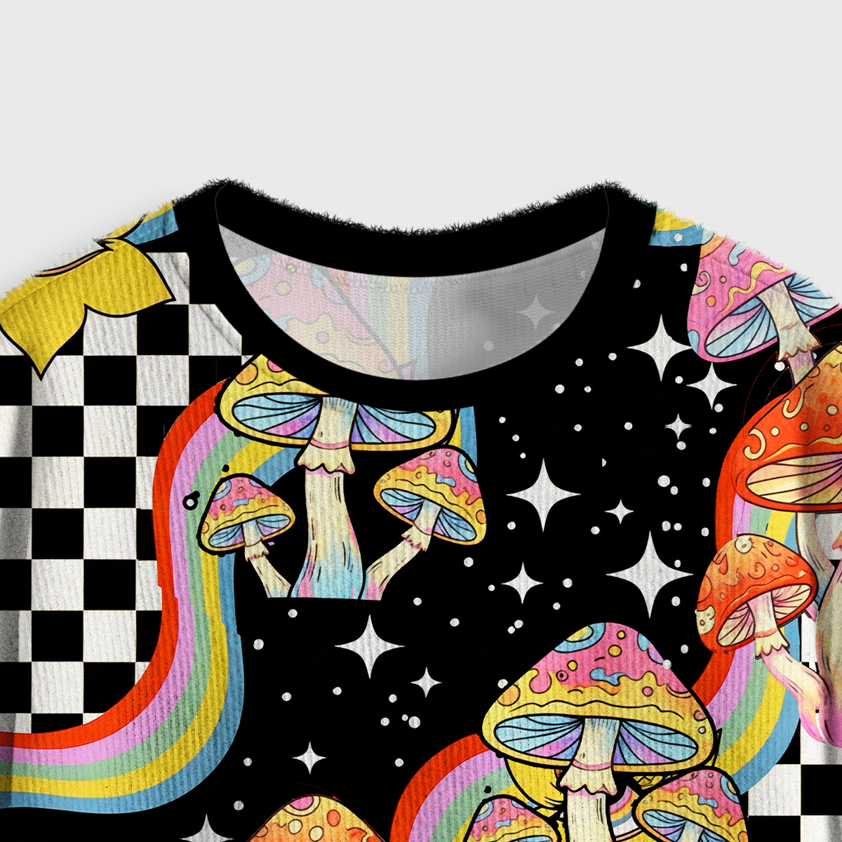 Purplehecate Trippy Rainbow Mushrooms Crop Fuzzy Ugly Sweatshirt