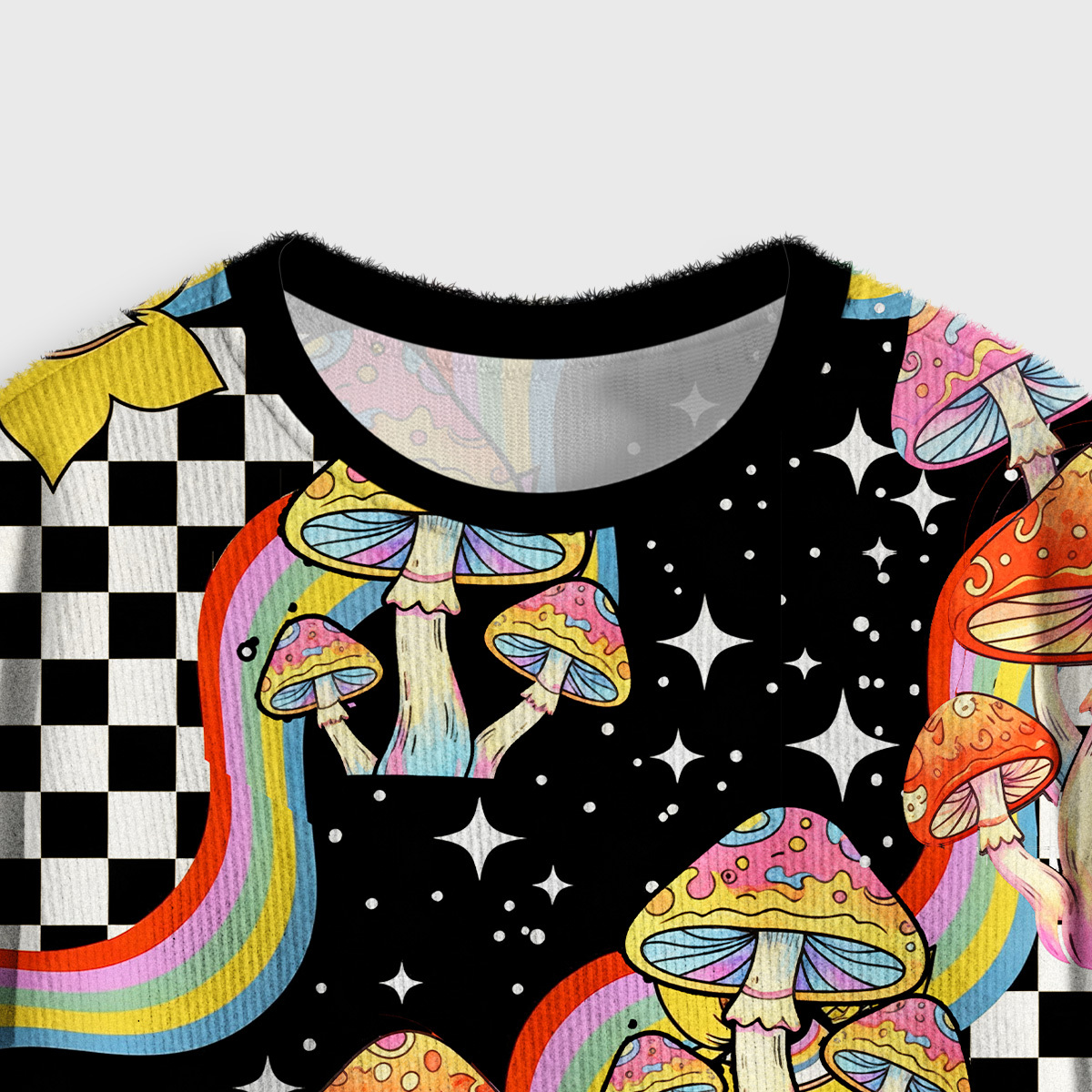 Purplehecate Trippy Rainbow Mushrooms Crop Fuzzy Ugly Sweatshirt