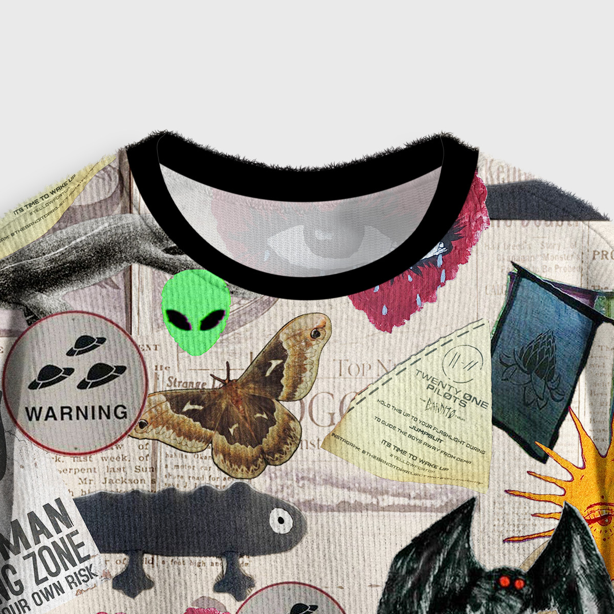 Purplehecate Cryptid Warning Collage Crop Fuzzy Ugly Sweatshirt