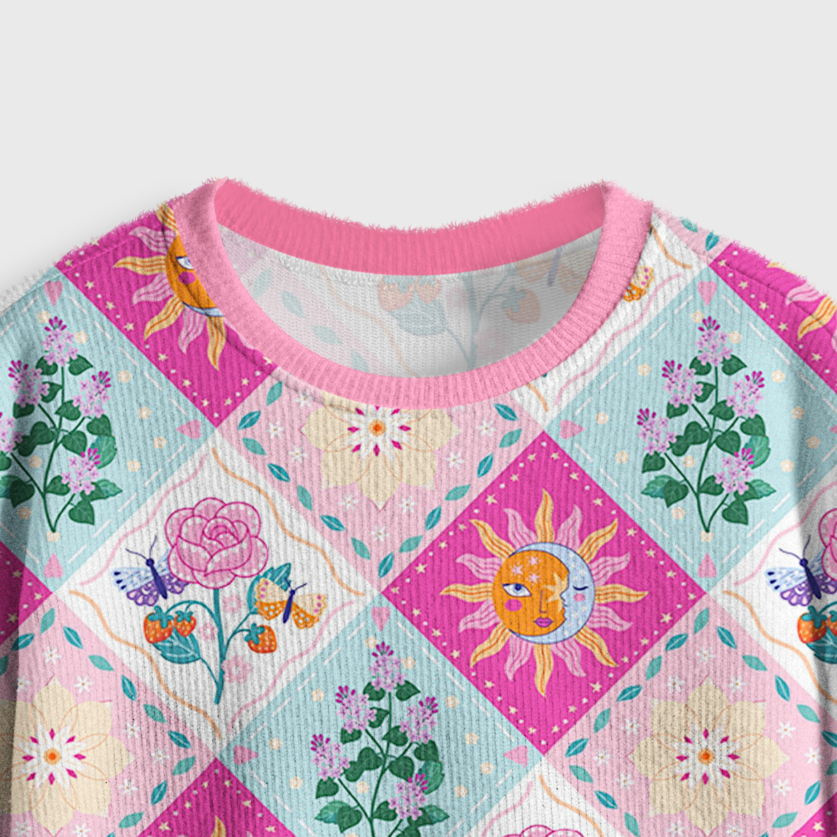 Purplehecate Celestial Sun & Moon Patchwork Crop Fuzzy Ugly Sweatshirt