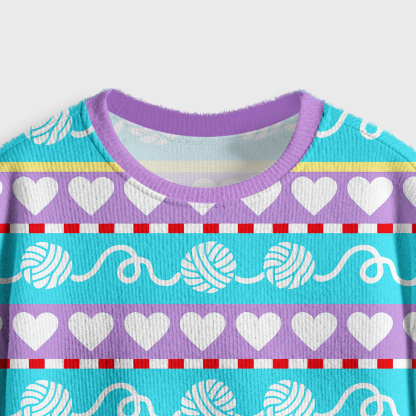 Purplehecate Whimsical Cat and Yarn Crop Fuzzy Ugly Sweatshirt