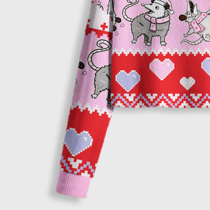 Purplehecate Overstimulated But Festive Possum Valentine Crop Fuzzy Ugly Sweatshirt