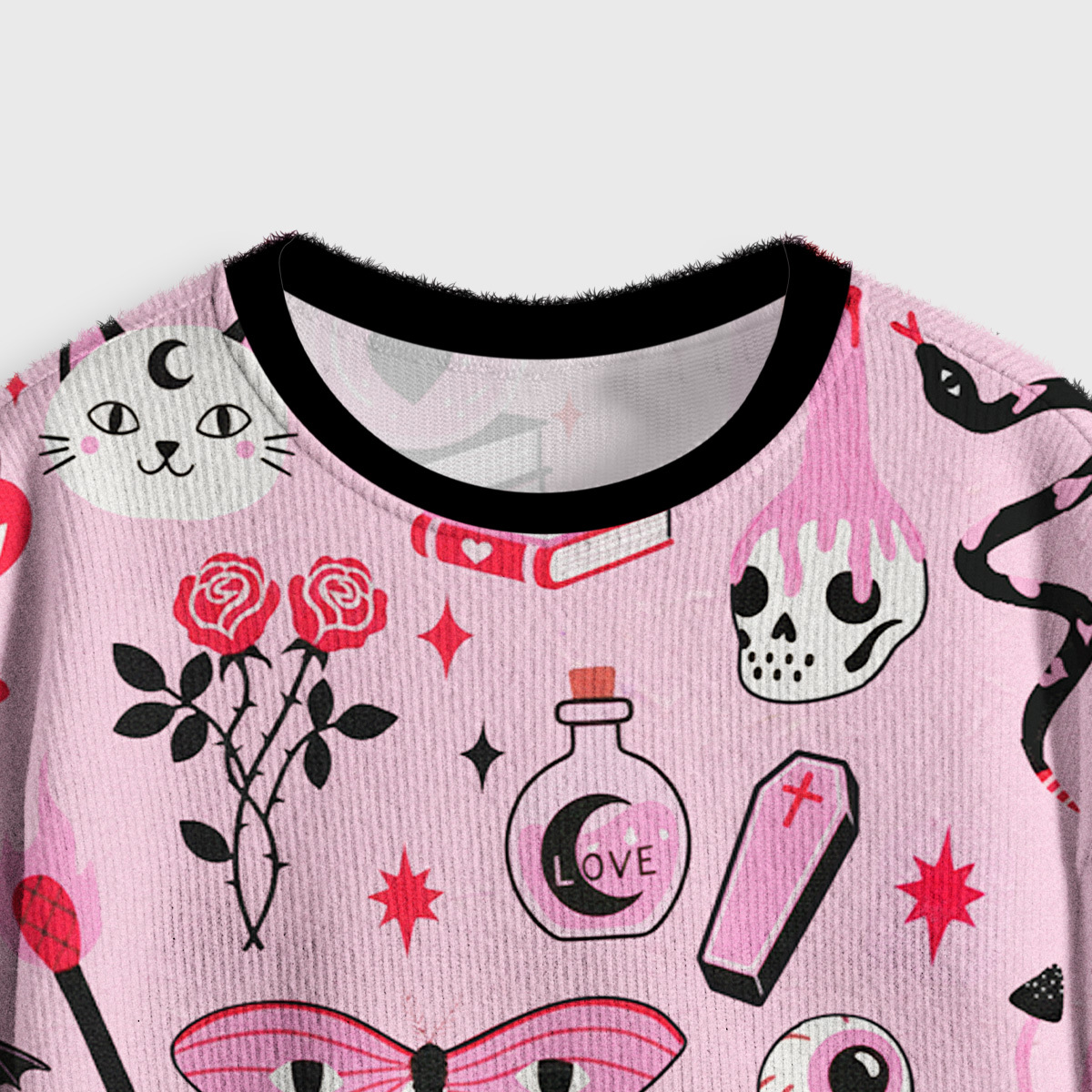 Purplehecate Black Cat Witchy Pink Crop Fuzzy Ugly Sweatshirt