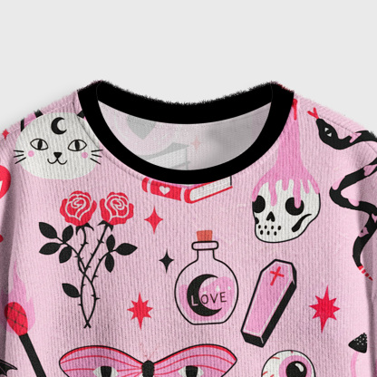 Purplehecate Black Cat Witchy Pink Crop Fuzzy Ugly Sweatshirt