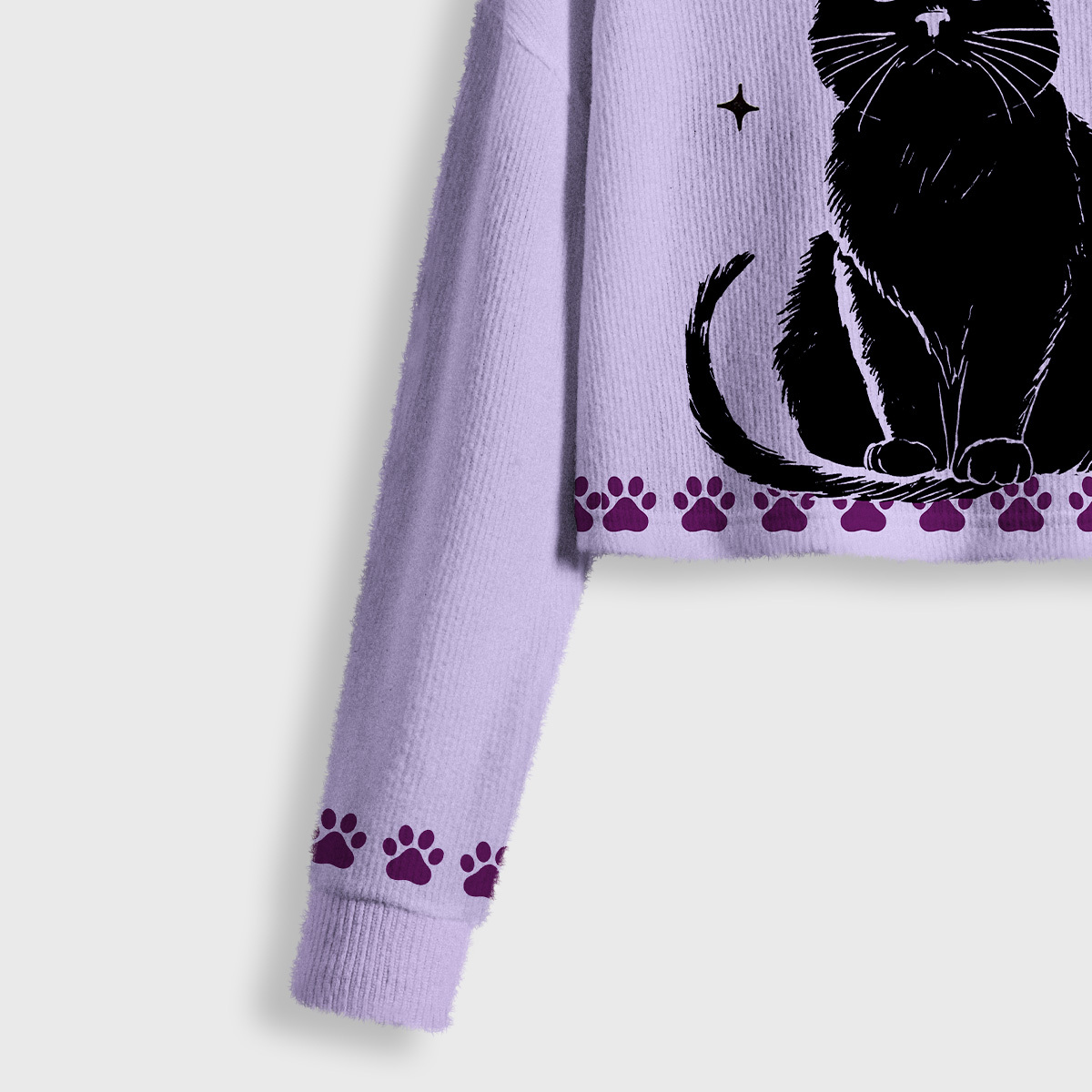 Purplehecate Midnight Pawprints Black Cat Crop Fuzzy Ugly Sweatshirt
