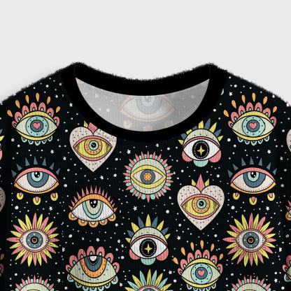 Purplehecate Mystical Evil Eye Pattern Crop Fuzzy Ugly Sweatshirt