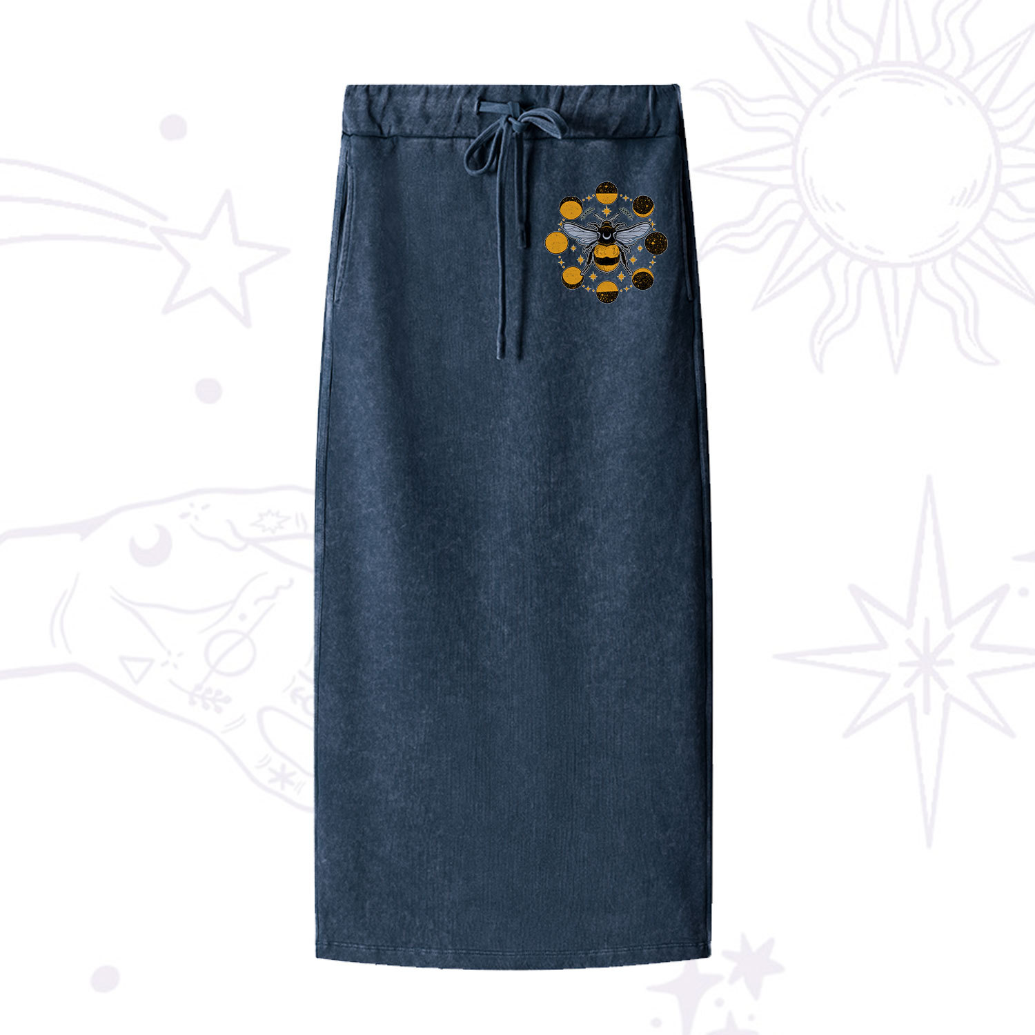 Purplehecate Phases of the Moon Bee Washed Drawstring Long Skirt