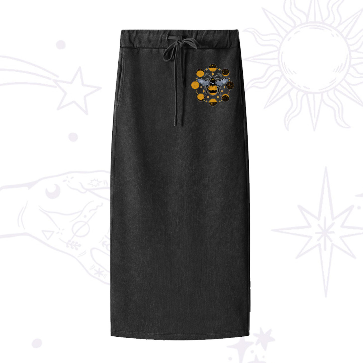 Purplehecate Phases of the Moon Bee Washed Drawstring Long Skirt