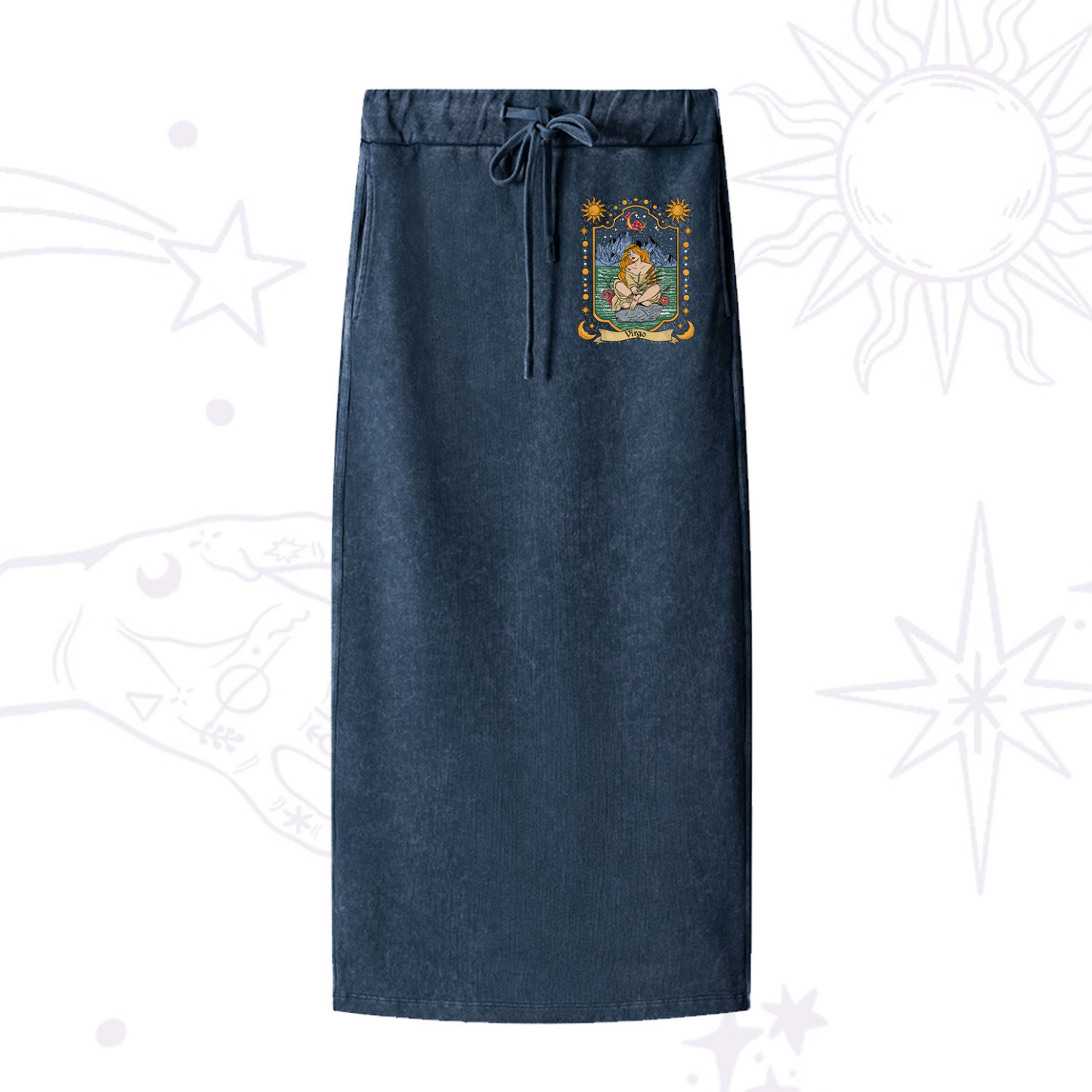 Purplehecate Virgo Zodiac Washed Drawstring Long Skirt
