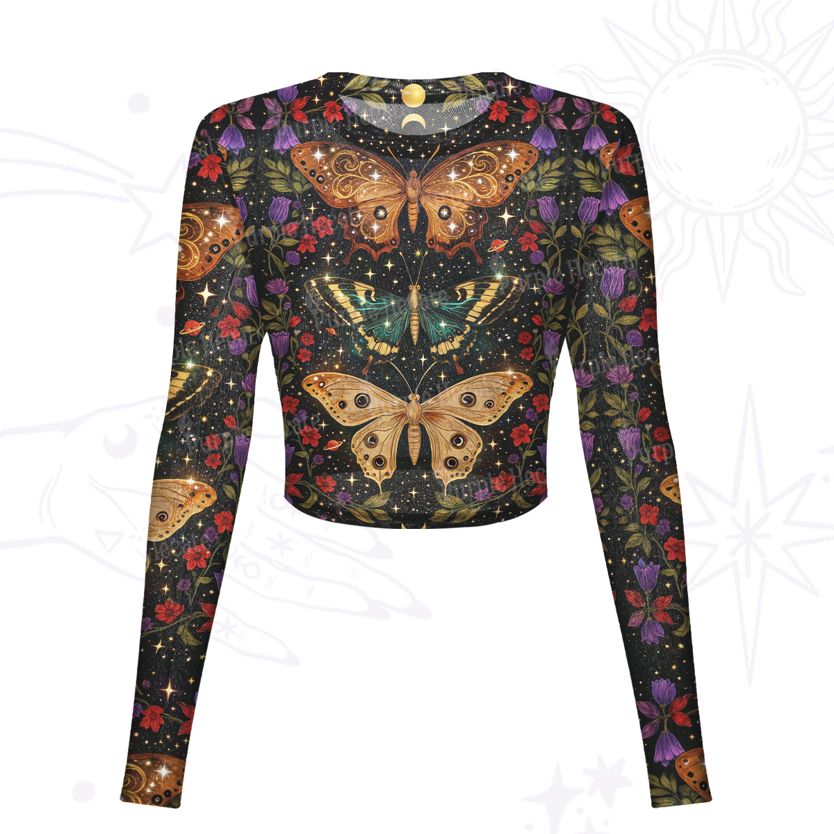 Purplehecate Mystic Butterfly Whisper Mesh Long Sleeve Crop Top