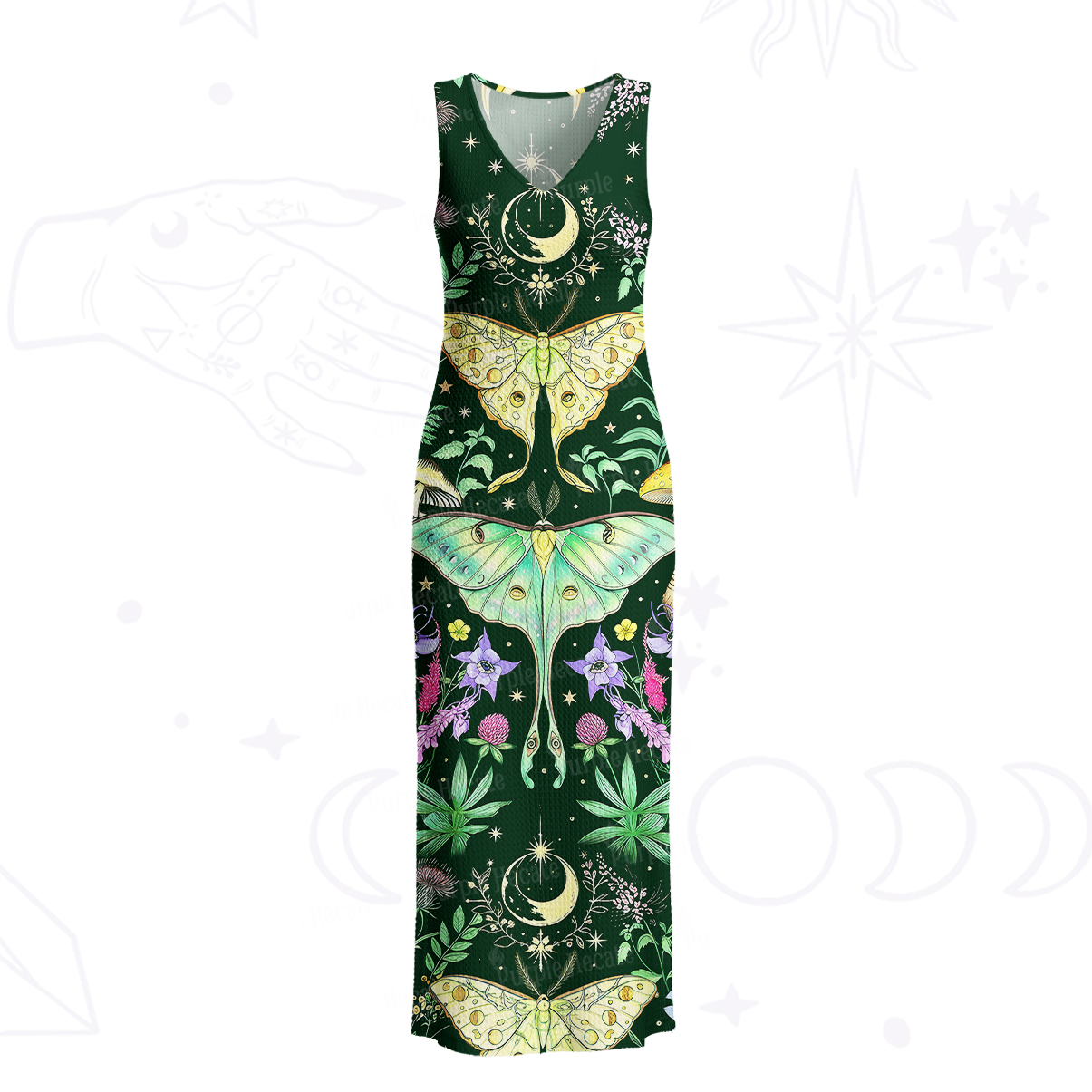 Purplehecate Mystic Lunar Moth Herbal Forest Crochet Knit Maxi Dress