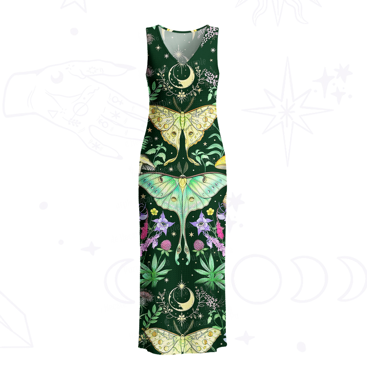 Purplehecate Mystic Lunar Moth Herbal Forest Crochet Knit Maxi Dress