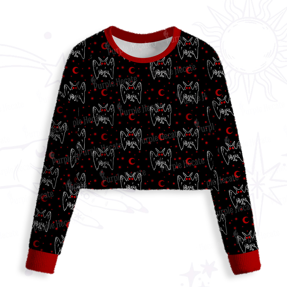 Purplehecate Witchy Mothman Night Crop Fuzzy Ugly Sweatshirt