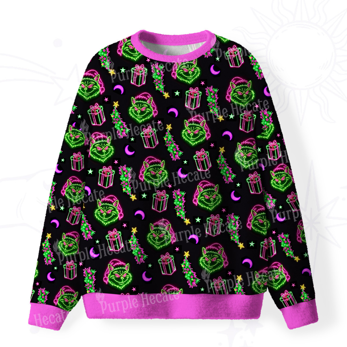 Purplehecate Witchy Neon Naughty Cat Fuzzy Ugly Christmas Sweatshirt