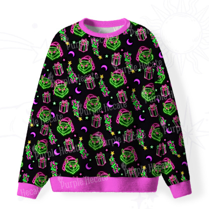 Purplehecate Witchy Neon Naughty Cat Fuzzy Ugly Christmas Sweatshirt