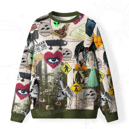 Purplehecate Cryptid Warning Collage Fuzzy Ugly Sweatshirt