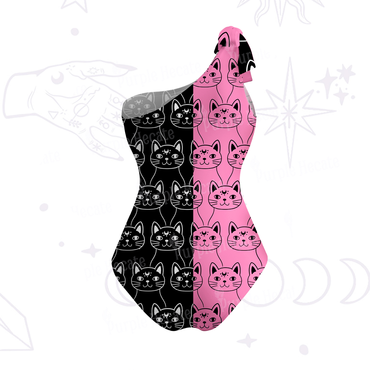 Purplehecate Sketchy Cat One-Shoulder One-Piece Swimsuit