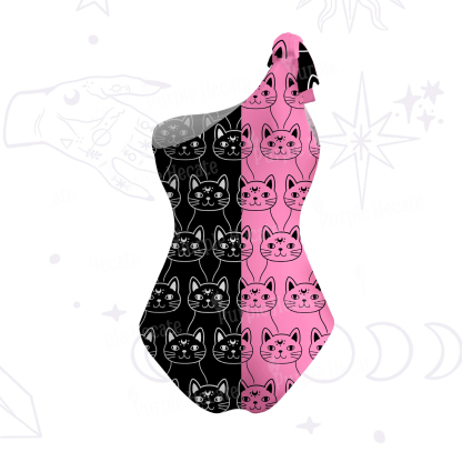 Purplehecate Sketchy Cat One-Shoulder One-Piece Swimsuit