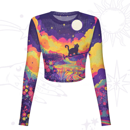 Purplehecate Midnight Cosmic Cat Fantasy Mesh Long Sleeve Crop Top