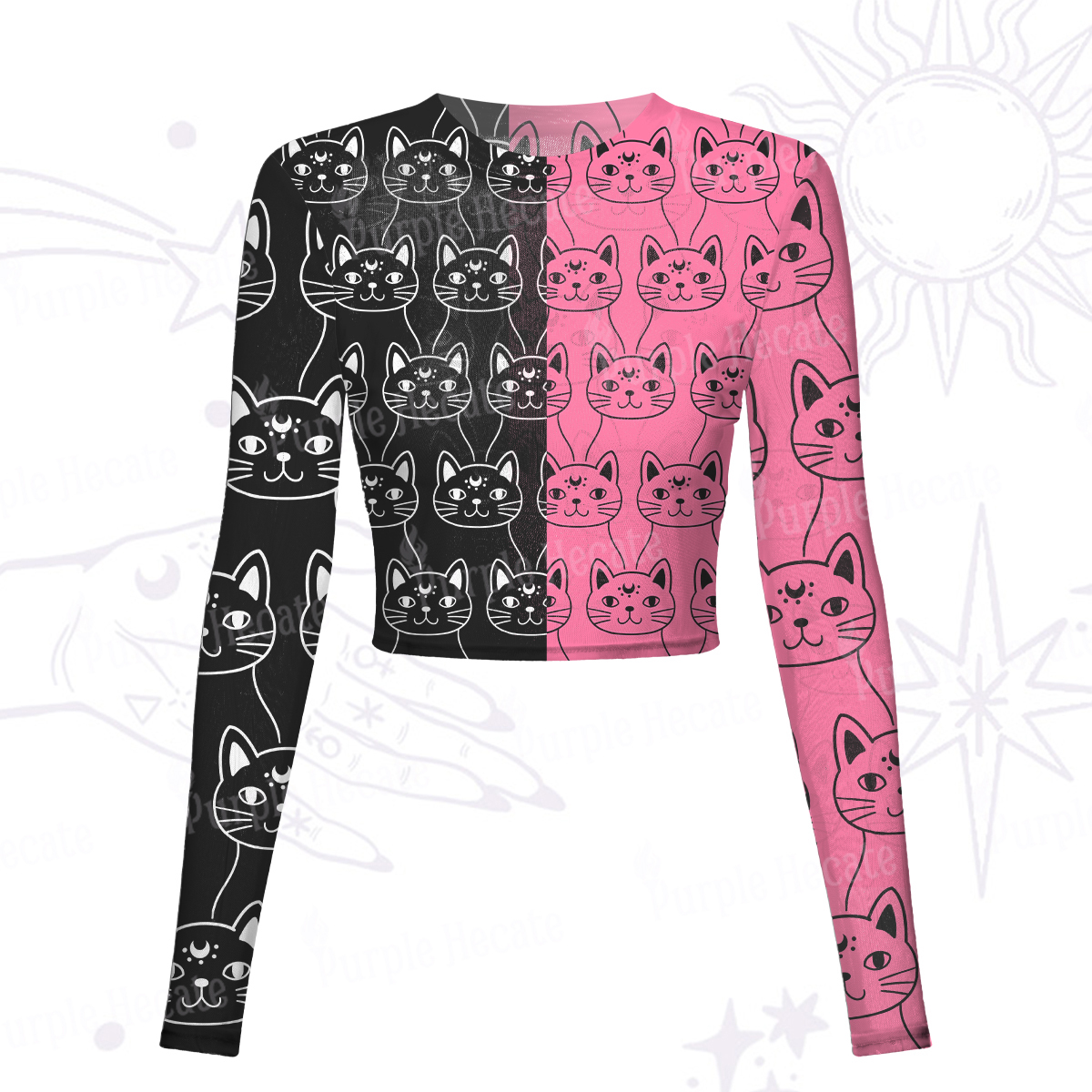 Purplehecate Sketchy Cat Mesh Long Sleeve Crop Top