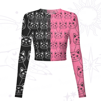 Purplehecate Sketchy Cat Mesh Long Sleeve Crop Top