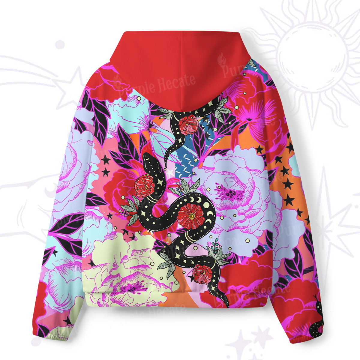 Purplehecate Enchanted Black Serpent & Floral Pattern All-Over Print Hoodie