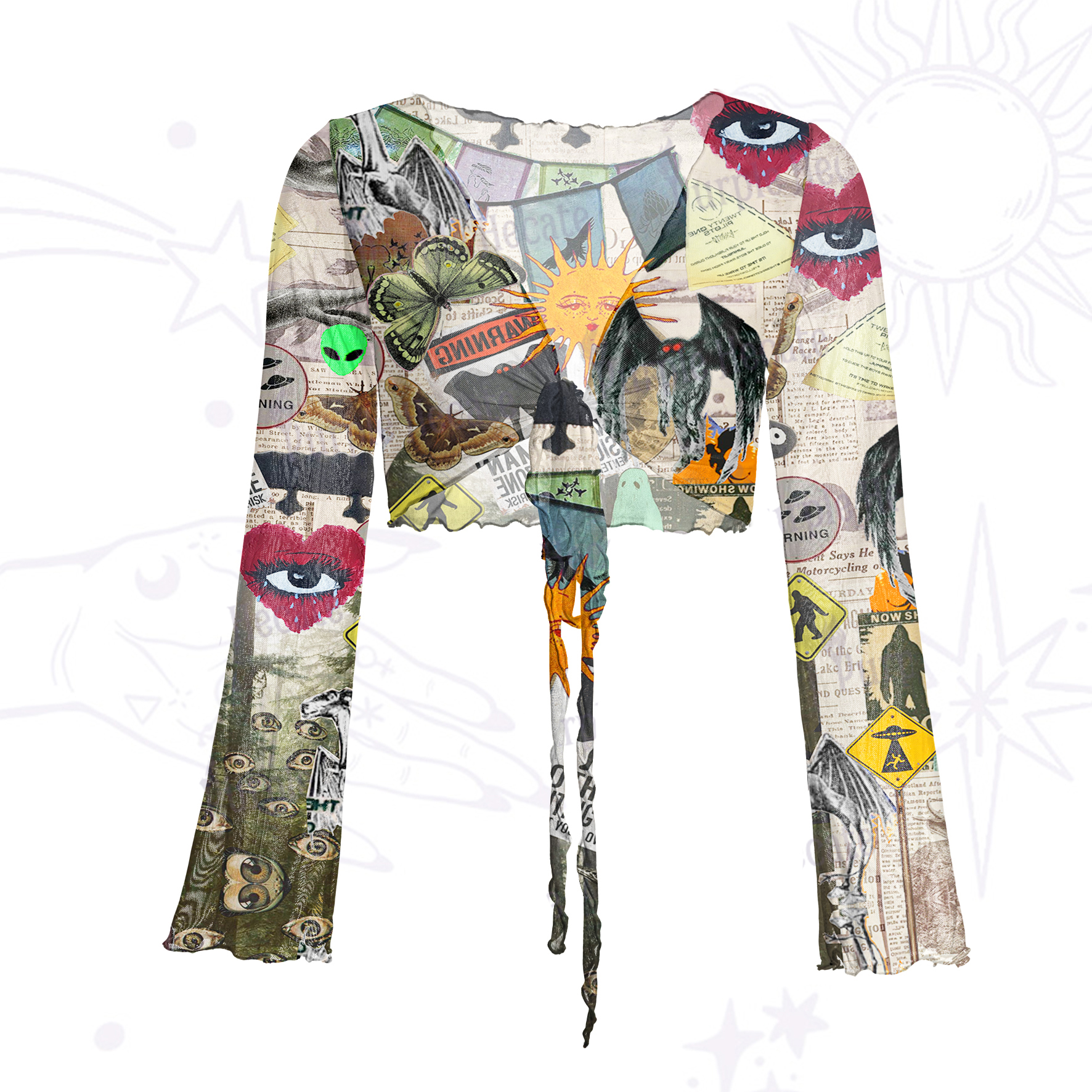 Purplehecate Cryptid Warning Collage Mesh Tie Front Top
