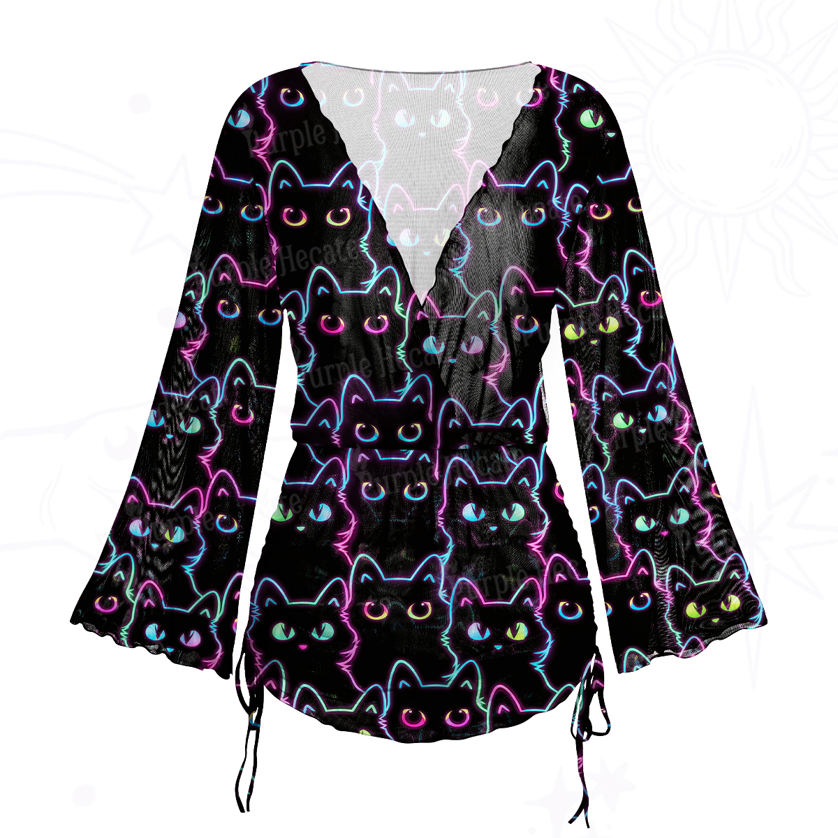 Purplehecate Neon Glow Stacked Cats Mesh Cover Up Dress