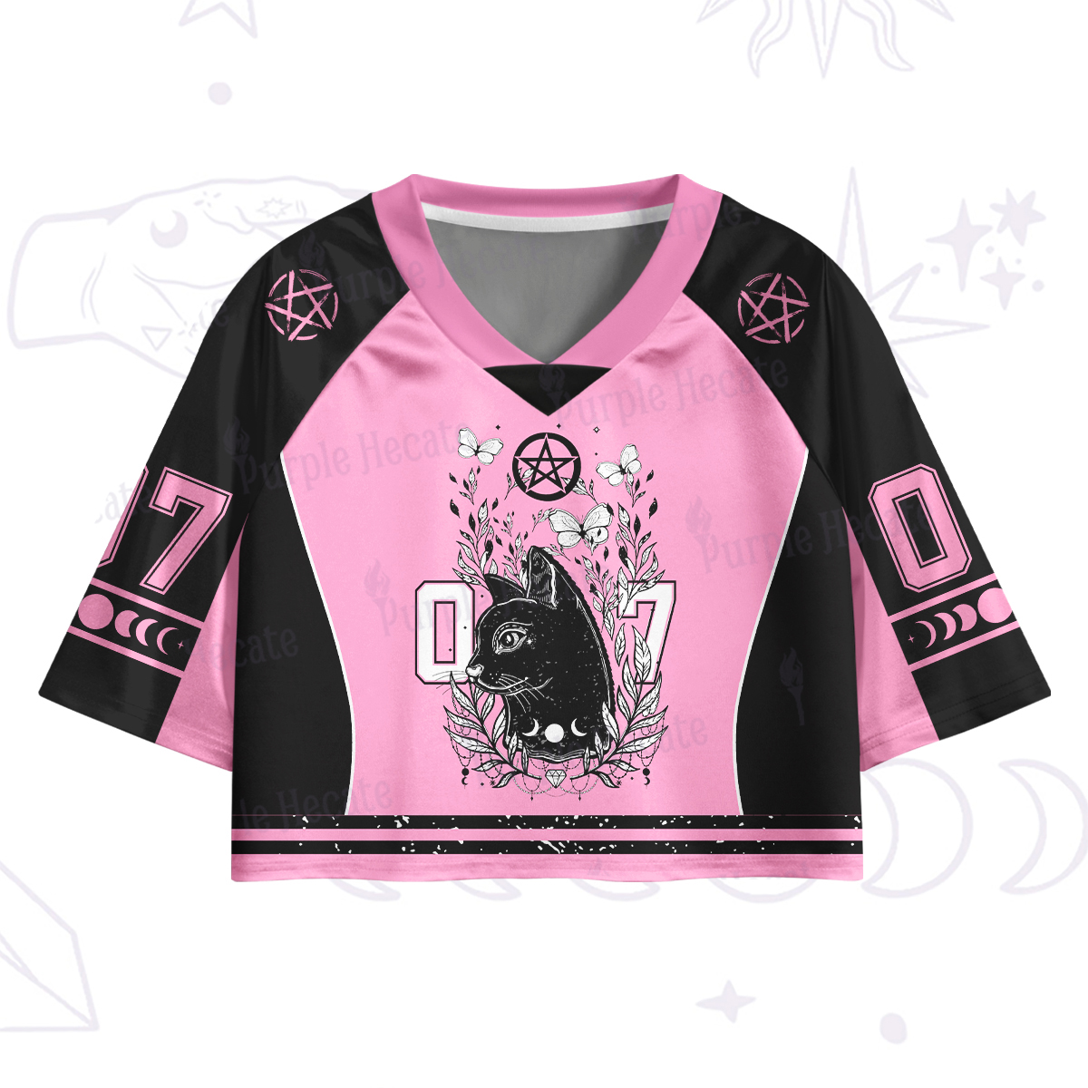 Purplehecate Gothic Black Cat Pentagram 07 Crop Jersey Top