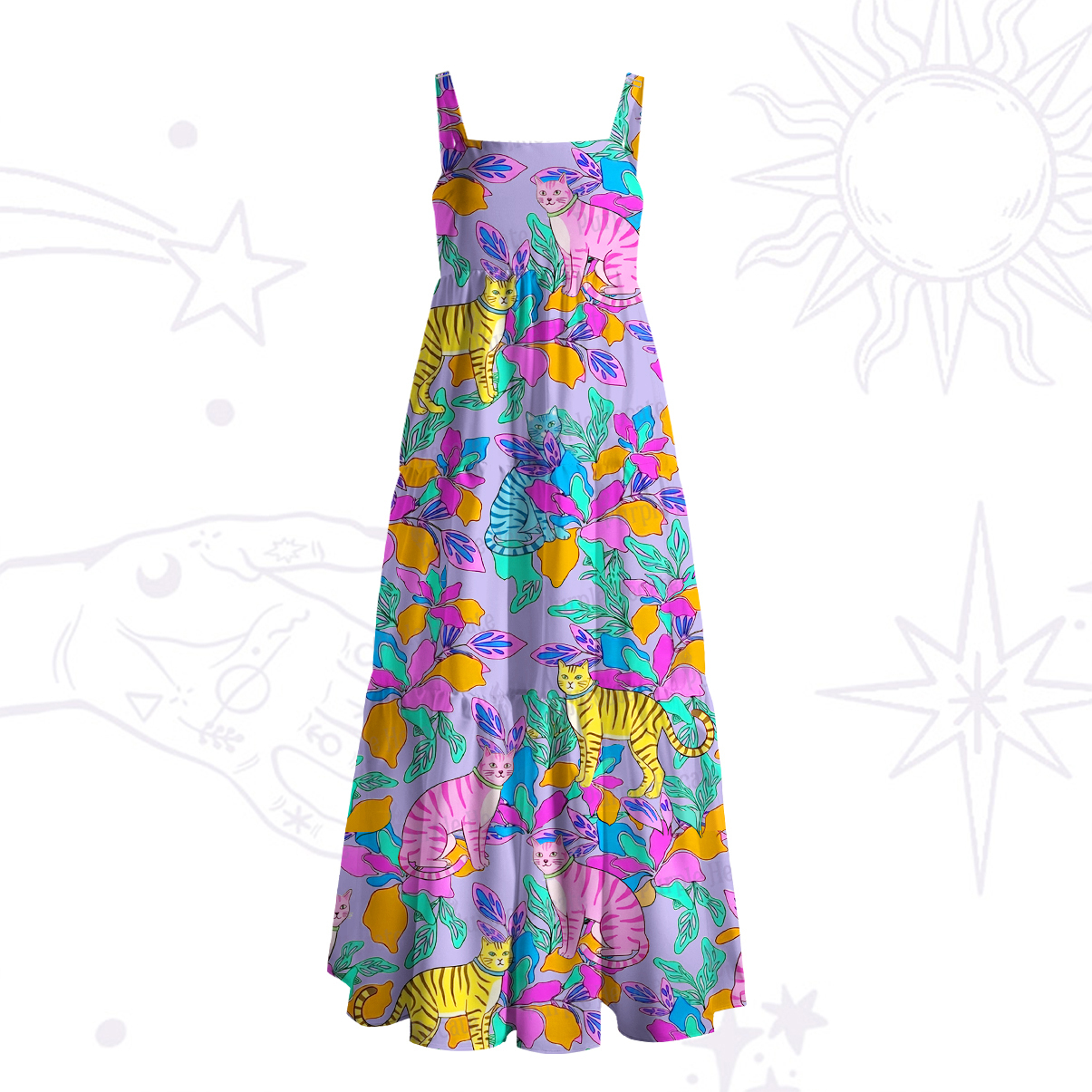 Purplehecate Colorful Cats Jungle Garden Wide Straps Maxi Dress