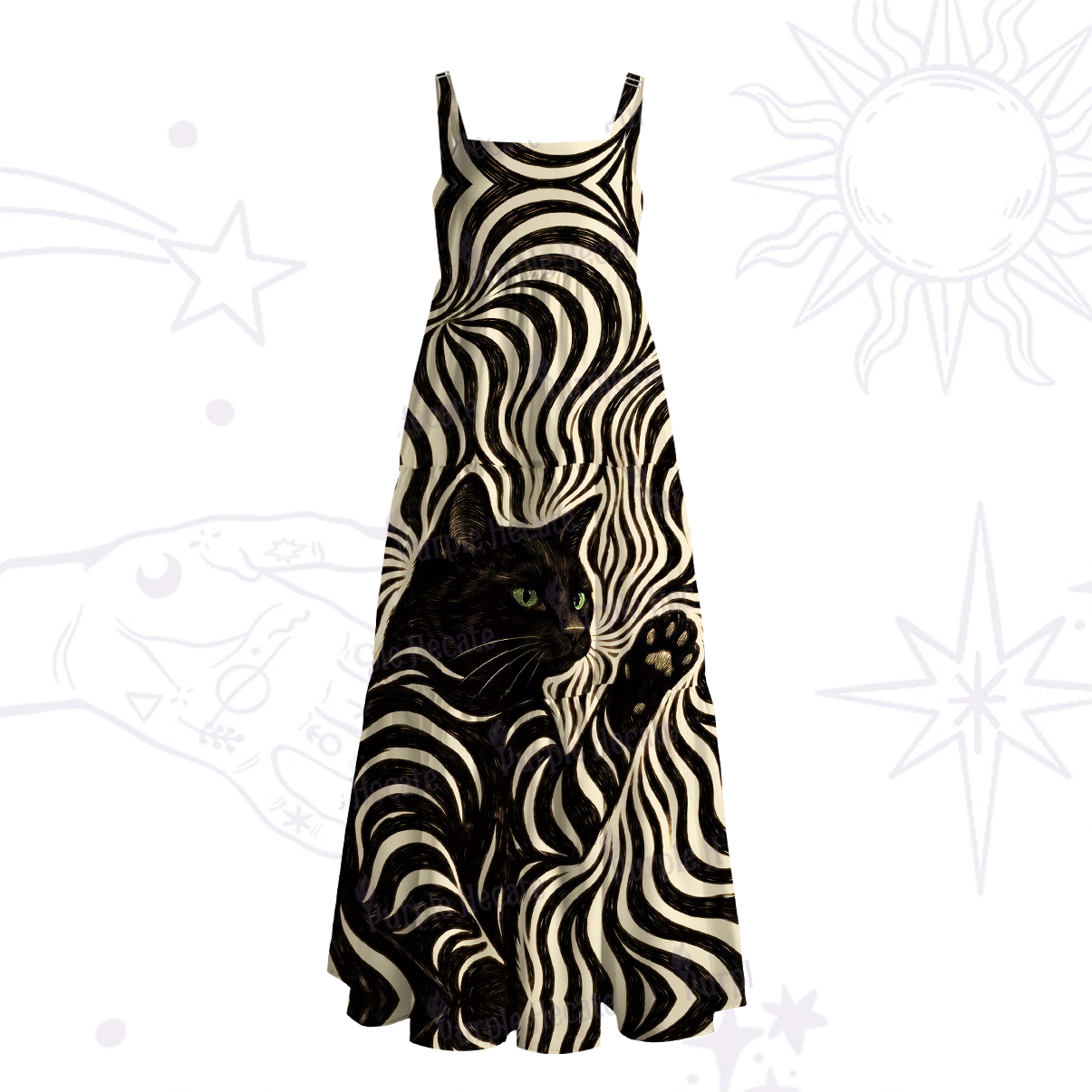 Purplehecate Psychedelic Cat Wide Straps Maxi Dress