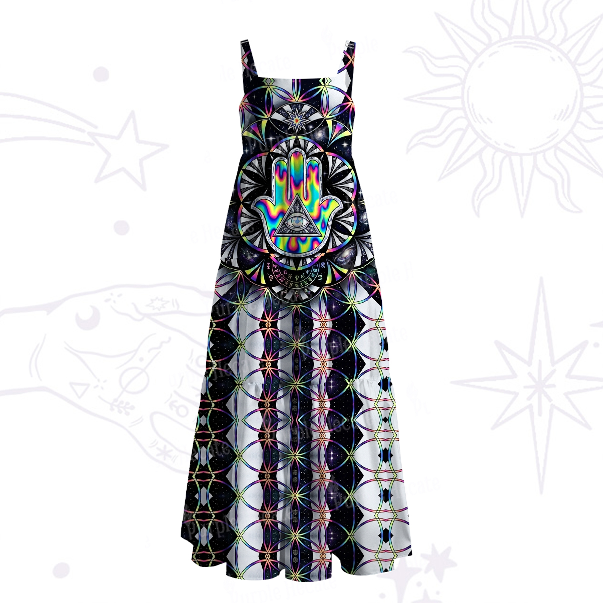 Purplehecate Psychedelic Hamsa Third Eye Wide Straps Maxi Dress