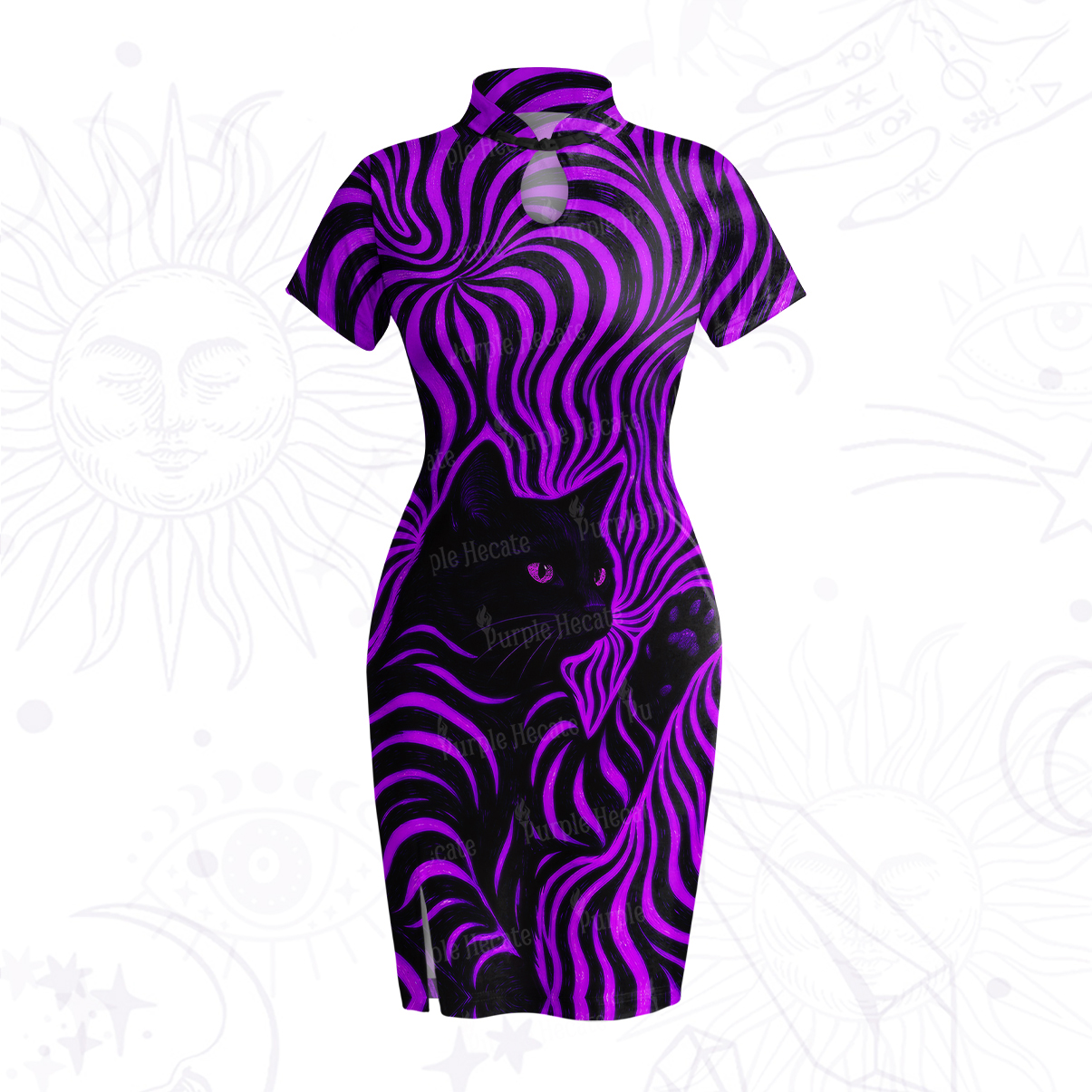 Purplehecate Psychedelic Cat Velvet Bodycon Dress