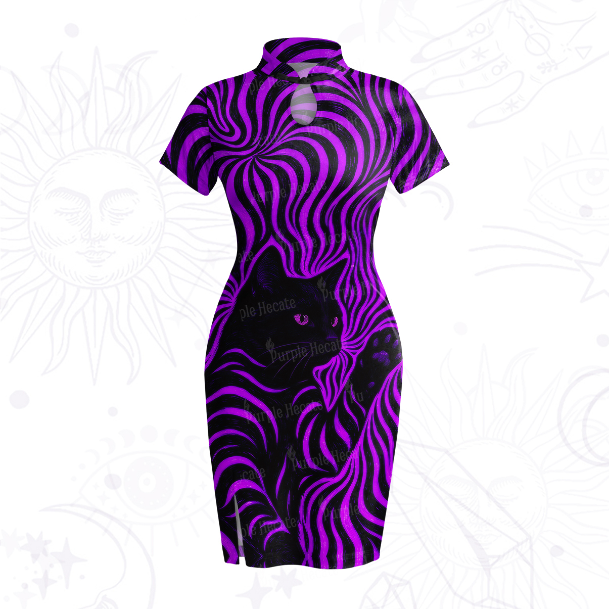 Purplehecate Psychedelic Cat Velvet Bodycon Dress