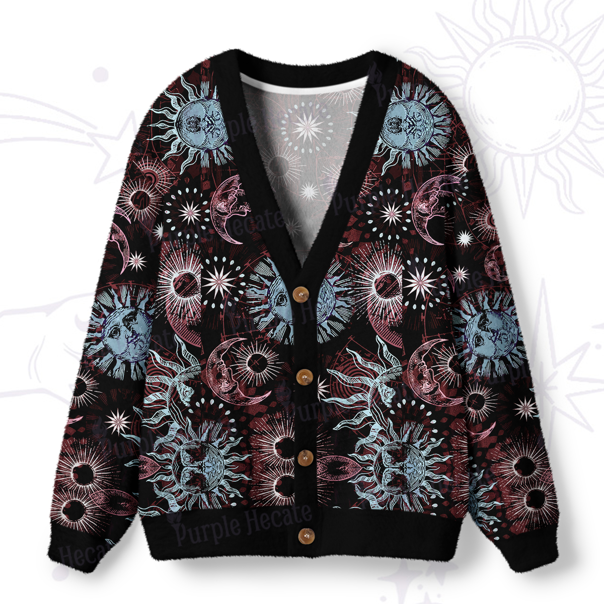 Purplehecate Starbound Celestial Sun & Moon Ugly Cardigan Sweaters