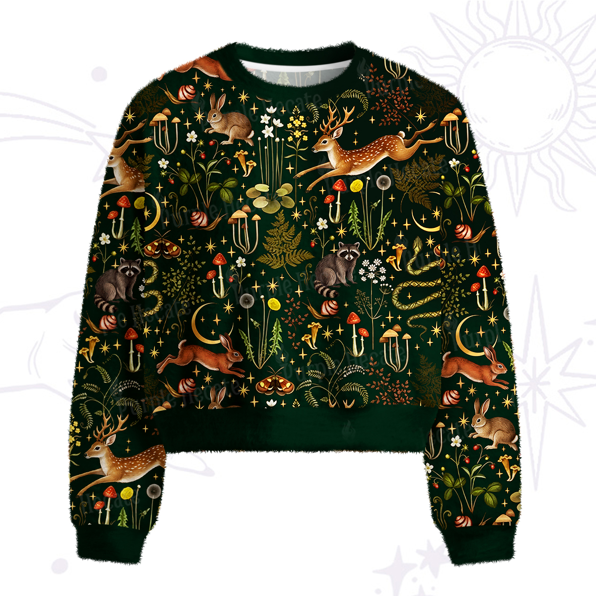 Purplehecate Enchanted Forest Animals Fuzzy Crewneck Sweater