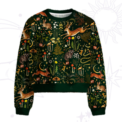 Purplehecate Enchanted Forest Animals Fuzzy Crewneck Sweater