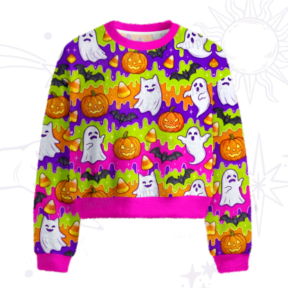 Purplehecate Halloween Ghost Jack‑o'-Lantern Fuzzy Crewneck Sweater
