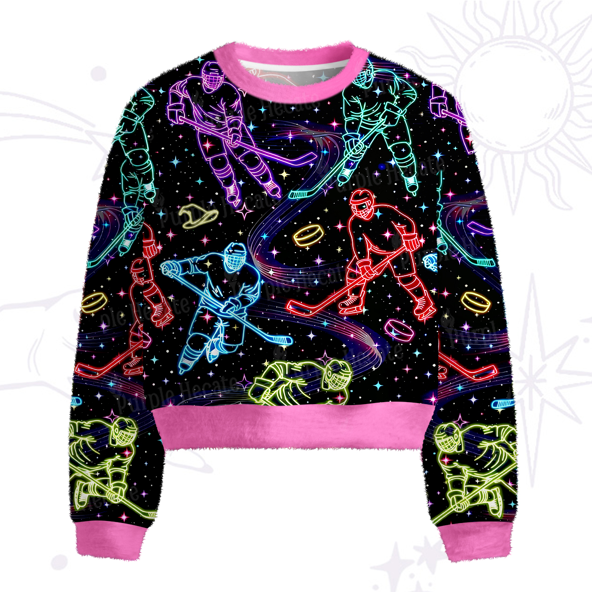 Purplehecate Neon Night Hockey Fuzzy Crewneck Sweater