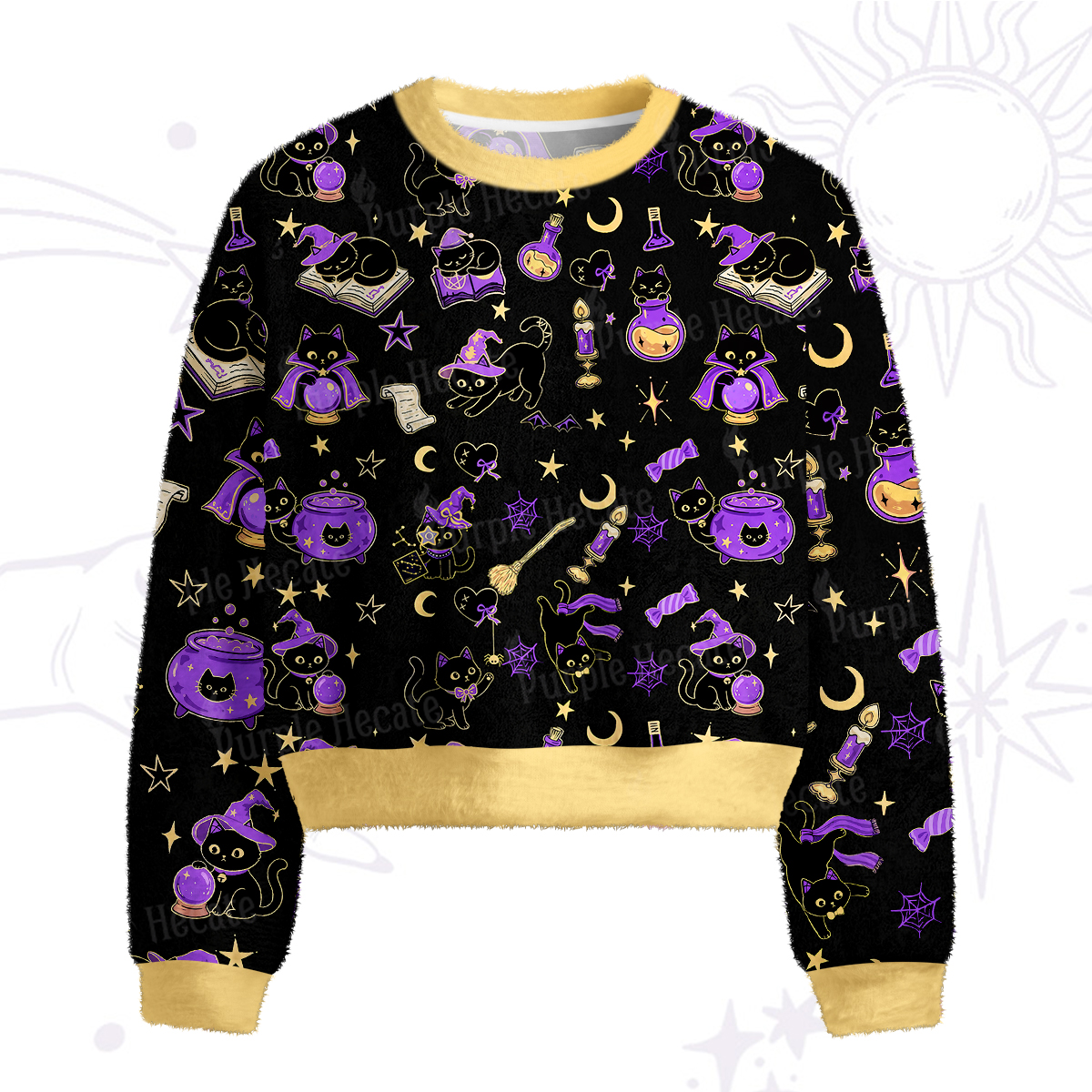 Purplehecate Black Cat Secrets Fuzzy Crewneck Sweater