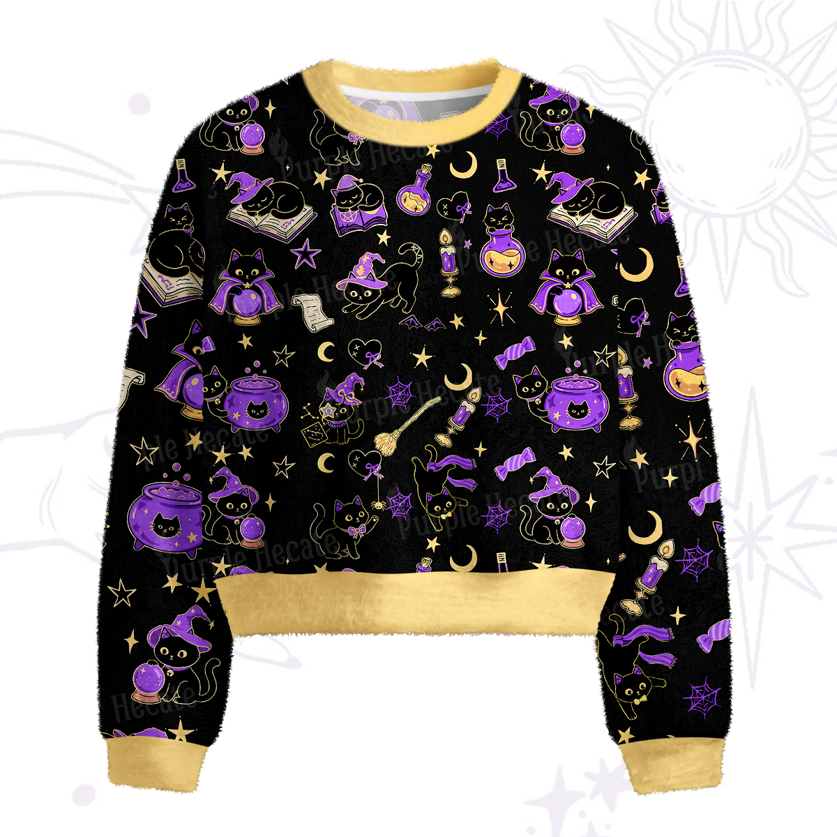 Purplehecate Black Cat Secrets Fuzzy Crewneck Sweater