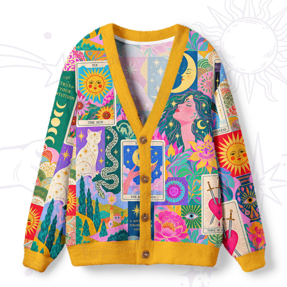 Purplehecate Colorful Mystic Tarot Collage Ugly Cardigan Sweaters