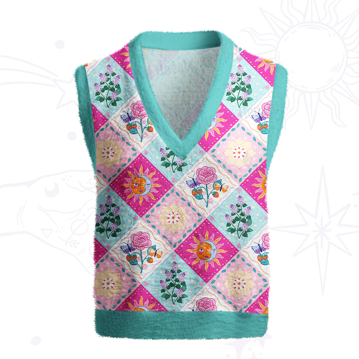 Purplehecate Celestial Sun & Moon Patchwork Ugly Sweater Vest