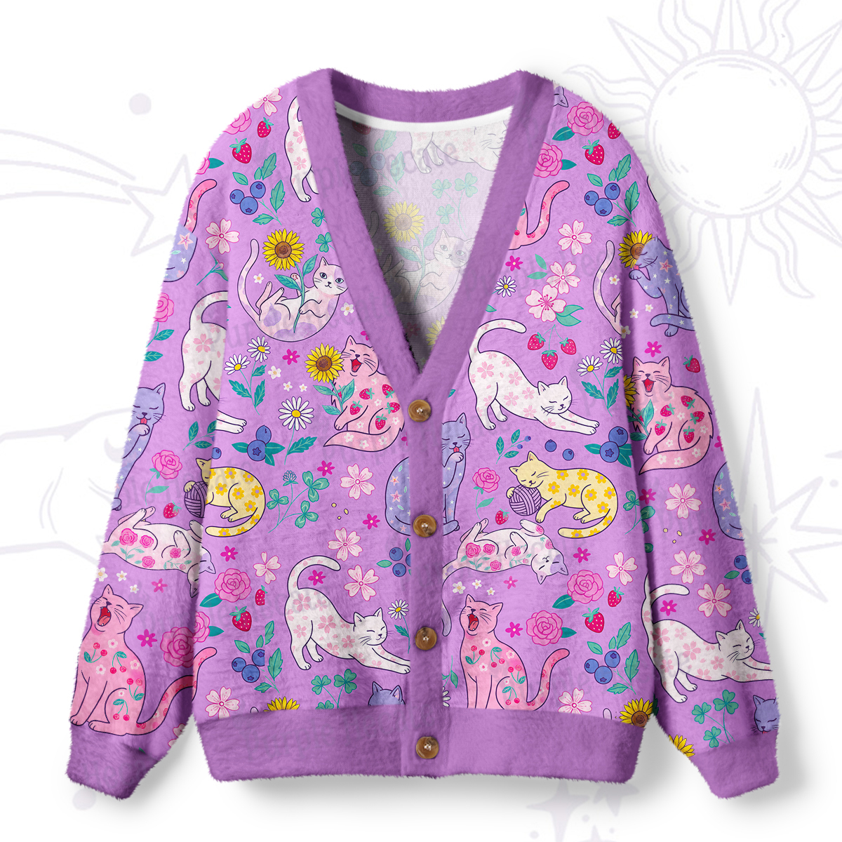 Purplehecate Lazy Day Garden Cats Ugly Cardigan Sweaters