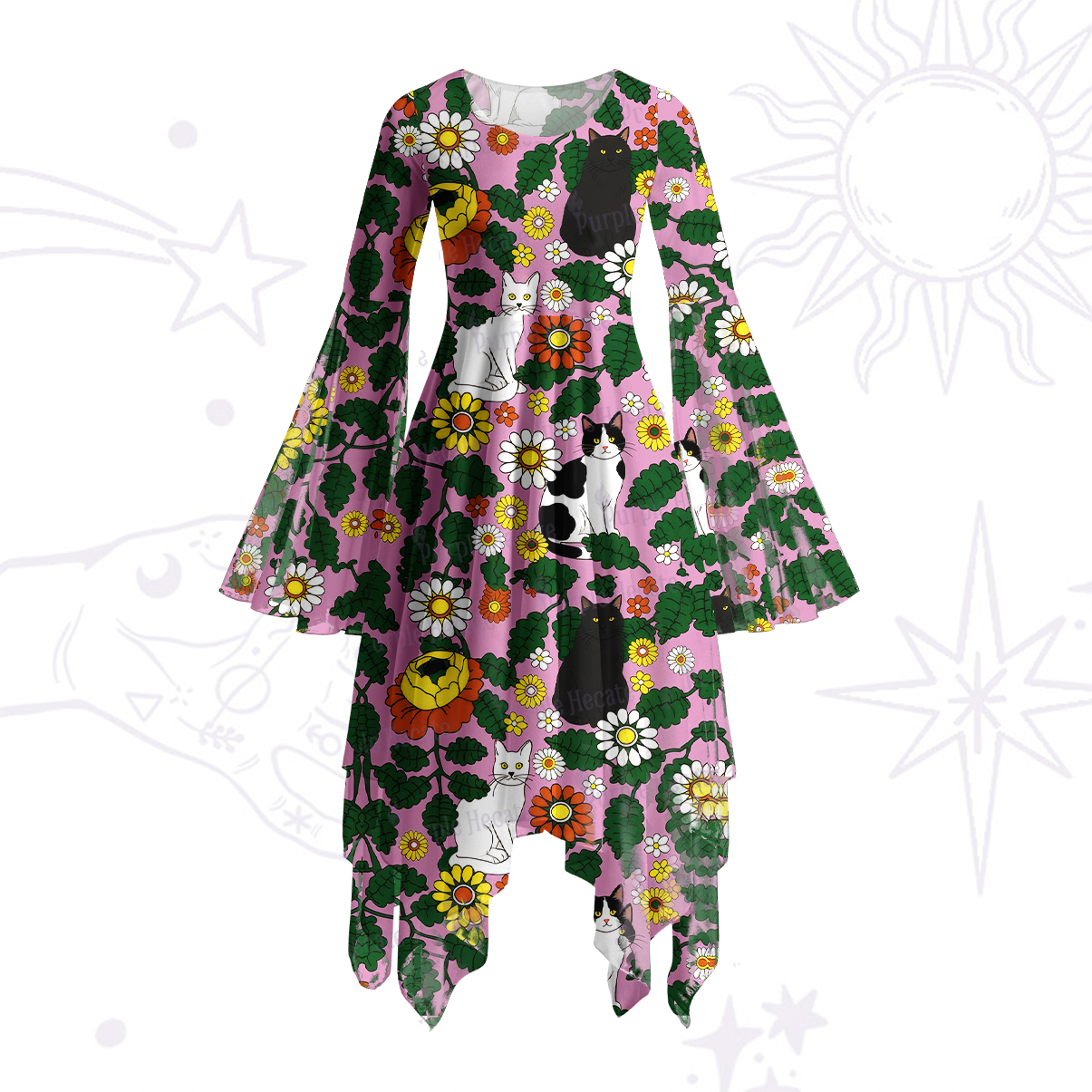 Purplehecate Daisy Cat  Garden Bell Sleeve Dress