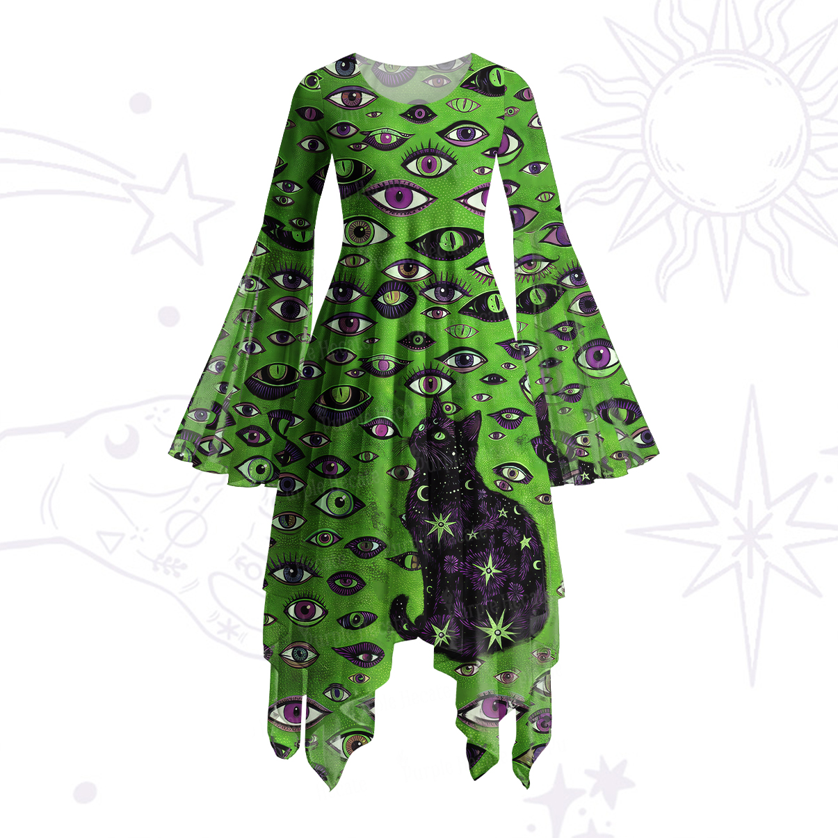 Purplehecate Cosmic Watcher Cat Bell Sleeve Dress