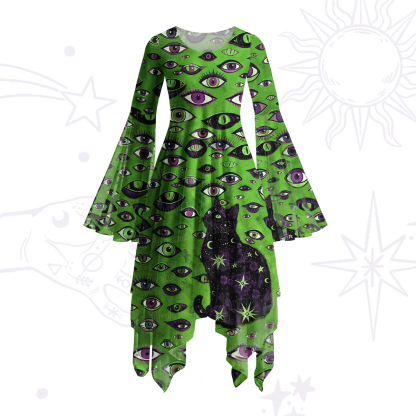 Purplehecate Cosmic Watcher Cat Bell Sleeve Dress