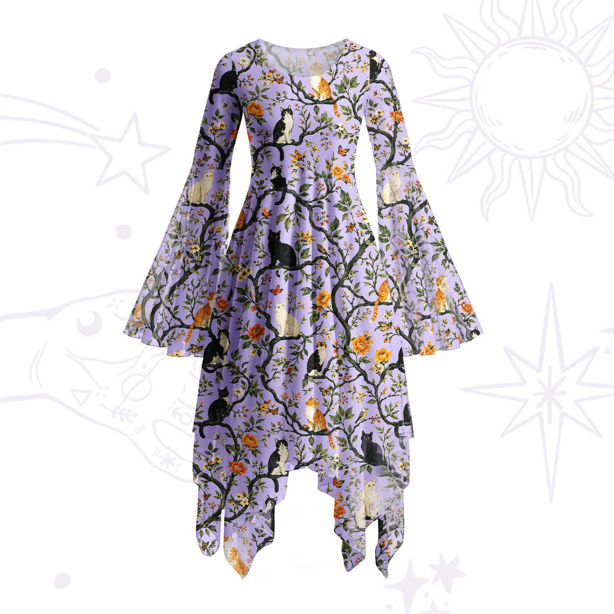Purplehecate Enchanted Cat Grove Bell Sleeve Dress
